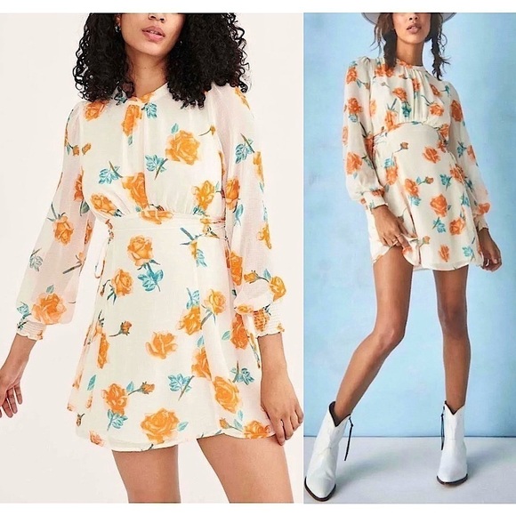 NWT FREE PEOPLE Floral Chiffon Puff Long Sleeve Smock Cuff Lace Up Side Dress XS - Picture 1 of 9